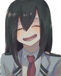  1girl asui_tsuyu black_hair boku_no_hero_academia close-up closed_eyes commentary_request hair_between_eyes highres machida_0906 necktie open_mouth red_necktie school_uniform shirt simple_background smile solo white_background white_shirt 
