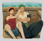 2boys absurdres bandana bandana_around_arm black_bandana black_eyes black_hair boat cheek_poking closed_eyes closed_mouth crossed_arms day earrings feet_out_of_frame green_hair haramaki hat highres jewelry male_focus monkey_d._luffy multiple_boys nossen ocean one_eye_closed one_piece outdoors poking red_vest roronoa_zoro scar scar_across_eye scar_on_cheek scar_on_chest scar_on_face short_hair sideburns single_earring sitting straw_hat vest watercraft 