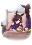  2girls absurdres aged_down animal_ears artist_logo black_hair blue_shirt book clothing_cutout commentary ear_ribbon english_text food hair_over_one_eye highres holding holding_food holding_stuffed_toy horse_ears indoors jtleeklm long_hair mother_and_daughter multiple_girls on_bed open_mouth pajamas picture_frame pillow purple_eyes purple_shirt reading rice_shower_(umamusume) shirt short_hair shoulder_cutout sitting smile stuffed_animal stuffed_rabbit stuffed_toy two-tone_shirt umamusume under_covers 