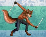  2018 5_fingers anthro barefoot black_hair brown_fur canine clothed clothing digital_media_(artwork) digitigrade fur green_eyes hair holding_object holding_weapon mammal pants shumey simple_background topless weapon 