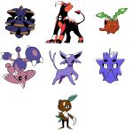  ^_^ black_eyes bright_pupils claws closed_eyes closed_mouth espeon frown hitmontop hoppip houndoom no_humans one_eye_closed pineco pokemon pokemon_(creature) pupitar simple_background smile sneasel standing tyako_089 white_background white_pupils 