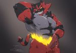  2018 anthro armpit_hair balls black_fur blush body_hair claws erection feline fire front_view fur grey_background incineroar looking_at_viewer male mammal muscular muscular_male nintendo nipples nude pecs penis pok&eacute;mon pok&eacute;mon_(species) pose precum red_fur sharp_teeth simple_background smile solo standing teeth tiggon_the_great video_games yellow_eyes 