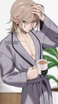  1boy artist_name bathrobe blonde_hair blurry blurry_background coffee coffee_mug collarbone commentary cup english_commentary facial_mark genshin_impact grey_robe hair_between_eyes hand_on_own_head hand_up highres holding holding_cup long_sleeves looking_at_viewer lyney_(genshin_impact) male_focus medium_hair mug multicolored_hair nana_illust parted_bangs parted_lips pectoral_cleavage pectorals plant purple_eyes red_hair robe sidelocks solo standing steam streaked_hair swept_bangs teardrop_facial_mark watermark wet 