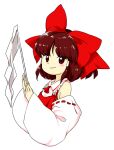  1girl ascot bare_shoulders bow brown_eyes brown_hair closed_mouth detached_sleeves full_body gohei hair_bow hair_tubes hakurei_reimu holding holding_gohei long_sleeves nonamejd official_style red_ascot red_bow ribbon-trimmed_sleeves ribbon_trim simple_background smile solo touhou white_background white_sleeves zun_(style) 