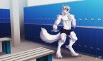  anthro blush bulge canine hazakyaracely locker_room looking_at_viewer male mammal mostly_nude muscular muscular_male open_mouth solo standing 