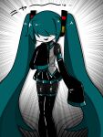  1girl aqua_hair black_bodysuit black_skirt black_sleeves black_thighhighs bodysuit bodysuit_under_clothes collared_shirt colored_skin covered_eyes detached_sleeves drop_shadow emphasis_lines feet_out_of_frame grey_shirt grey_skin hair_ornament hair_over_eyes hand_up hatsune_miku headphones highres kyomu_305 legs_together long_bangs long_hair long_sleeves mekakure_miku_(homma_nuruneko) miniskirt open_mouth pleated_skirt sharp_teeth shirt skirt sleeveless sleeveless_shirt sleeves_past_fingers sleeves_past_wrists smile solo standing teeth thighhighs twintails very_long_hair vocaloid white_background 