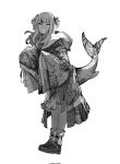  1girl belt fins fish_tail floating_hair full_body gawr_gura greyscale grin hands_up hashtag_only_commentary highres hololive hololive_english hood hood_down hooded_coat legs_together long_hair long_sleeves looking_at_viewer matata1203 monochrome multicolored_hair pleated_skirt shoes simple_background skirt sleeves_past_fingers sleeves_past_wrists smile socks solo standing streaked_hair tail two_side_up virtual_youtuber 