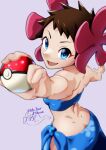  1girl absurdres back bare_arms blue_eyes blue_sarong brown_hair butt_crack character_name highres holding holding_poke_ball looking_at_viewer open_mouth phoebe_(pokemon) poke_ball poke_ball_(basic) pokemon pokemon_rse pokemon_tower_ghost remya sarong short_hair simple_background smile solo strapless tube_top 