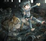  2girls animal_ears animal_print arm_up axeisland bare_shoulders blonde_hair blush bow bowtie bra bra_visible_through_clothes breasts brown_hair chibi closed_mouth crack cracked_floor elbow_gloves fangs feet_up frills fur_collar gloves grey_hair highres holding holding_hands indoors interlocked_fingers jaggy_lines jaguar_(kemono_friends) jaguar_ears jaguar_girl jaguar_print jaguar_tail kemono_friends looking_at_another looking_at_viewer lying medium_breasts medium_hair multicolored_hair multiple_girls oekaki on_stomach open_mouth otter_ears otter_girl otter_tail outstretched_arm print_gloves print_skirt print_thighhighs rubber_duck ruins see-through see-through_shirt shirt shirt_tucked_in short_sleeves side-by-side sitting skirt small-clawed_otter_(kemono_friends) small_breasts splashing swimsuit tail thighhighs toeless_legwear toes underwear v-shaped_eyebrows water wet wet_clothes wet_shirt wet_swimsuit white_hair white_shirt yellow_eyes 