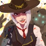  albino ashe_(overwatch) bob_(overwatch) cowboy_hat eshi_(corzhkryakrya) hat highres lipstick makeup overwatch red_eyes shirt single_pauldron solo_focus vest white_hair 