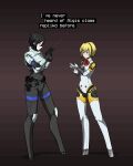  2girls aegis_(persona) android artist_request blonde_hair blue_eyes crossover cyberpunk elster_(signalis) finger_cannon gun headphones highres joints multiple_girls no_feet persona persona_3 robot_ears robot_joints short_hair signalis weapon 
