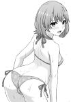  1girl absurdres ass ass_focus bent_over bikini bikini_print blush breasts butt_crack cowboy_shot from_behind greyscale halterneck highres inanaki_shiki isshiki_iroha leaning_forward looking_at_viewer looking_back monochrome open_mouth short_hair side-tie_bikini_bottom simple_background small_breasts solo swimsuit wet white_background yahari_ore_no_seishun_lovecome_wa_machigatteiru. 