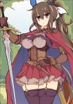  1girl admire_vega_(umamusume) alternate_costume animal_ears armor belt blue_sky breasts brown_corset brown_eyes brown_gloves brown_hair cape cleavage closed_mouth commentary_request corset ear_covers garter_straps gloves highres holding holding_sword holding_weapon horse_ears horse_girl horse_tail large_breasts long_hair looking_at_viewer outdoors petticoat pleated_skirt ponytail red_cape red_skirt sheath single_ear_cover skirt sky solo sword tail tree umamusume wahiko_(black_bastard) weapon white_belt 