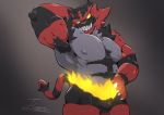  2018 anthro armpit_hair black_fur body_hair bulge claws clothing feline front_view fur grey_background incineroar looking_at_viewer male mammal muscular muscular_male nintendo pecs pok&eacute;mon pok&eacute;mon_(species) pose red_fur sharp_teeth simple_background smile solo standing teeth tiggon_the_great underwear video_games yellow_eyes 