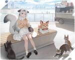  1girl :d animal animal_ear_fluff animal_ears azur_lane bag bench bird black_footwear blue_sky blush bobby_socks bow brown_bow building cat city cityscape cloud crepe day dove english_text food fox fox_ears fox_girl fox_tail frilled_skirt frilled_socks frills full_body gradient_hair grey_hair hagi_(ame_hagi) hair_between_eyes hair_bow hair_ribbon handbag heart highres holding holding_food keychain loafers long_hair long_sleeves miyuki_(azur_lane) miyuki_(clear_skies_and_crepes)_(azur_lane) motor_vehicle multicolored_hair multiple_cats official_alternate_costume official_art open_mouth orange_eyes outdoors pigeon puffy_long_sleeves puffy_sleeves ribbon shoes shoulder_bag sitting skirt sky smile socks solo sweater tail very_long_hair white_hair white_skirt white_socks yellow_sweater 