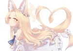  1girl animal_ear_fluff animal_ears ascot bare_shoulders blonde_hair blue_archive blue_ascot commentary_request detached_sleeves dress extra_ears forehead fox_ears fox_girl highres long_hair n4gare_b0shi orange_eyes parted_bangs parted_lips seia_(blue_archive) simple_background solo white_background white_dress white_sleeves 