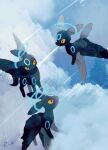  alternate_color angel animal_focus black_eyes black_wings blue_halo cloud cloudy_sky colored_sclera commentary day feathered_wings flying full_body halo li04r no_humans pokemon pokemon_(creature) shiny_pokemon signature sky symbol-only_commentary umbreon wings yellow_sclera 