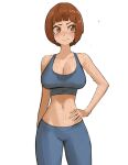  1girl absurdres blunt_bangs blush breasts brown_eyes brown_hair cleavage closed_mouth collarbone grey_pants grey_sports_bra hand_on_own_hip highres kill_la_kill large_breasts mankanshoku_mako navel pants short_hair simple_background solo sports_bra sweat sweaty_clothes tefi_blum white_background yoga_pants 