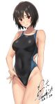  1girl adjusting_clothes adjusting_swimsuit amagami artist_name black_hair black_one-piece_swimsuit breasts brown_eyes competition_swimsuit covered_navel cowboy_shot dated highres looking_at_viewer nanasaki_ai one-piece_swimsuit revision short_hair signature simple_background small_breasts smile solo swimsuit two-tone_swimsuit white_background yoo_tenchi 