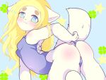 2024 all_fours anthro asian_clothing blonde_hair blue_background blue_eyes blush body_blush breasts butt butt_blush canid canine canis clothing cute_fangs digital_media_(artwork) domestic_dog east_asian_clothing eyelashes female female_anthro fur hair hi_res japanese_clothing kemono long_hair looking_back mammal one-piece_swimsuit school_swimsuit simple_background small_breasts solo swimwear tail white_body white_fur zai61048
