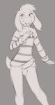anthro asriel_dreemurr averyfondoreo balls boss_monster bottomless bovid caprine clothed clothing ear_piercing ear_ring erection floppy_ears front_view genitals goat greyscale hi_res horn humanoid_genitalia humanoid_penis male mammal monochrome open_mouth penis piercing ring_piercing sketch solo sweater sweater_only topwear topwear_only turtleneck undertale undertale_(series)