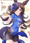  1girl absurdres animal_ears bike_shorts black_hair blue_dress blue_flower blue_rose china_dress chinese_clothes clenched_hands commentary covered_navel cowboy_shot dress flower hair_over_one_eye hands_up hat hat_flower highres horse_ears horse_girl horse_tail long_hair looking_at_viewer maimuu mini_hat open_mouth pelvic_curtain print_dress purple_eyes rice_shower_(umamusume) rose short_sleeves shorts_under_dress side_slit skindentation smile solo standing tail umamusume 
