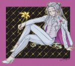  1boy androgynous arm_out_of_sleeve arm_support black_background border boutonniere bow bowtie bungou_to_alchemist center_frills closed_mouth crossed_legs flower frilled_shirt_collar frills full_body grey_hair hair_ornament hair_slicked_back hair_stick half-closed_eyes high_heels holding holding_flower invisible_chair jacket lapel_pin lily_(flower) lipstick long_hair long_sleeves looking_at_viewer makeup male_focus nail_polish outside_border patterned_background pink_border pink_flower pink_lips pink_rose pink_vest ponytail rose shirt sidelocks signature sitting smile solo suit tanizaki_junichirou_(bungou_to_alchemist) tasikanakoto tassel tassel_hair_ornament traditional_bowtie two-sided_fabric two-sided_jacket vest white_bow white_bowtie white_footwear white_jacket white_shirt white_suit yellow_eyes yellow_flower yellow_nails 