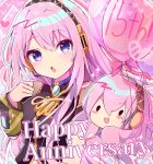  1girl anniversary balloon black_shirt crypton_future_media dani06685637224 detached_sleeves drawn_heart hair_between_eyes happy_anniversary headphones heart highres long_hair looking_at_another looking_at_viewer megurine_luka mob_face open_mouth pink_hair pink_ribbon purple_eyes ribbon shirt sidelocks takoluka very_long_hair vocaloid yellow_sleeves 