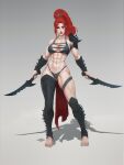  1girl abs absurdres armor barefoot bikini breasts cherubic_alex cleavage dark_eldar dual_wielding elf eye_tattoo full_body high_ponytail highres holding holding_knife knife lelith_hesperax loincloth long_hair muscular muscular_female pauldrons pointy_ears red_eyes red_hair shadow shoulder_armor signature single_pauldron solo spiked_armor swimsuit thick_thighs thighs warhammer_40k 