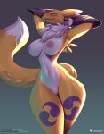 2024 anthro areola bandai_namco breasts clothing digimon digimon_(species) digital_media_(artwork) dipstick_ears dipstick_tail doomthewolf eyelashes eyes_closed female fur genitals hi_res markings mostly_nude multicolored_ears nipples pussy renamon simple_background solo tail tail_markings text url