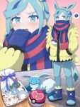  1boy blue_footwear blue_mittens blue_scarf blush boots cetoddle cubchoo glaceon grusha_(pokemon) hairband hand_up hands_in_pockets highres jacket long_sleeves love_ball male_focus min_(myna8247) mittens open_mouth pants poke_ball poke_ball_print pokemon_ears scarf scarf_over_mouth sneasel snom spoken_squiggle squiggle standing striped_clothes striped_scarf swablu sweat teeth upper_teeth_only yellow_jacket 