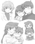  2boys 2girls blush child closed_eyes commentary_request dual_persona edogawa_conan frown glasses greyscale highres hug korea kudou_shin&#039;ichi long_hair meitantei_conan miyano_shiho monochrome mouri_ran multiple_boys multiple_girls one_eye_closed short_hair turtleneck yumyumppang 