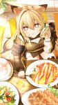  +_+ 1girl :t animal_ears arknights breasts brown_jacket ceobe_(arknights) closed_mouth commentary_request cushion dog_ears dog_girl dog_tail english_commentary food food_on_face food_request from_above hair_between_eyes highres holding holding_food holding_spoon indoors jacket light_brown_hair long_hair long_sleeves medium_breasts plate puffy_long_sleeves puffy_sleeves sitting sleeves_past_wrists solo sparkle spoon tail very_long_hair wavy_mouth wooden_floor yokaze_(yokajie) zabuton 