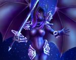  2018 5_fingers anthro bat black_nose blue_hair breasts digital_media_(artwork) female hair holding_object holding_weapon mammal melee_weapon navel night nipples nude outside purple_eyes pussy shumey solo sword weapon 