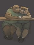  2018 anthro bear bezdomny blush canine clothing duo hug humanoid_hands male mammal overweight overweight_male shirt shorts simple_background sitting tanuki 