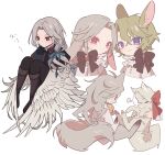  2boys animal animal_ears animalization bell black_pants blue_ribbon boots brown_footwear cat closed_mouth commentary_request ensemble_stars! feathered_wings full_body grey_hair hair_between_eyes highres holding holding_animal holding_cat kemonomimi_mode knee_boots knees_up long_hair looking_at_viewer lop_rabbit_ears low_ponytail male_focus meremero multiple_boys multiple_views neck_bell pants puff_of_air purple_eyes rabbit_ears ran_nagisa red_eyes ribbon short_hair simple_background sitting tomoe_hiyori translation_request white_background white_wings winged_arms wings 