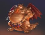 2024 absurd_res activision anthro asian_clothing banhmithanki belly big_belly bodily_fluids bracelet breath_cloud clothing dragon drooling east_asian_clothing grey_background hand_on_stomach hi_res japanese_clothing jewelry licking licking_lips magnus_(spyro) male mawashi moobs necklace obese obese_anthro obese_male orange_body overweight overweight_anthro overweight_male pendant red_wings rescued_dragons_(spyro) saliva scales sharp_teeth simple_background solo spikes spikes_(anatomy) spyro_reignited_trilogy spyro_the_dragon tail teeth tongue tongue_out top_knot tusks wings yellow_sclera