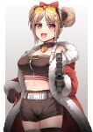  1girl absurdres black_gloves black_shorts black_thighhighs blush bow breasts bullpup cleavage coat collar commission double_bun english_commentary eyewear_on_head fur-trimmed_coat fur_trim girls&#039;_frontline gloves gradient_background grey_background gun hair_bow hair_bun hair_ornament hairclip highres holding holding_gun holding_weapon light_brown_hair official_alternate_costume open_mouth p90 p90_(girls&#039;_frontline) p90_(scarlet_turbo)_(girls&#039;_frontline) pixiv_commission pointing pointing_at_viewer red_bow red_coat red_eyes scope senpaihawkkun shorts smile solo star_(symbol) star_hair_ornament submachine_gun thighhighs two-tone_background weapon white_background 