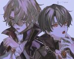  2boys alternate_costume blood blood_on_face blood_on_hands brown_hair cape fangs faust_lavinia glasses grey_background highres looking_at_viewer mahoutsukai_no_yakusoku male_focus multiple_boys open_mouth purple_eyes red_eyes shindoi_(yuiyui316) shino_sherwood short_hair simple_background vampire wavy_hair 