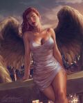  1girl breasts brown_hair city cleavage commentary dc_comics dress english_commentary evening feathered_wings hawkgirl highres jewelry justice_league krystopher_decker legs_together necklace on_railing paid_reward_available parted_lips railing realistic red_lips shayera_hol sitting solo thighs tight_clothes tight_dress wings 