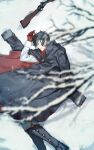  1boy bare_tree black_coat black_footwear black_hair blood blood_on_clothes blurry blurry_foreground boots closed_eyes coat coat_on_shoulders fate/grand_order fate_(series) foot_out_of_frame from_above gloves gun highres hijikata_toshizou_(fate) knee_boots light_particles long_sleeves lying male_focus on_ground on_side parted_bangs parted_lips profile red_gloves rifle shirt short_hair snow solo teria_(teriarian) tree two-sided_coat two-sided_fabric weapon white_shirt 