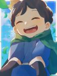  1boy black_hair blue_shirt blush bojji cape child close-up closed_eyes commentary_request crown green_cape highres machida_0906 male_focus open_mouth ousama_ranking shirt short_hair sky smile solo 