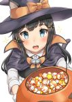 absurdres animal_ears asashio_(kantai_collection) belt black_hair blue_eyes candy cape cat_ears cat_tail collared_shirt commentary_request dress fake_animal_ears fake_tail food from_above gloves halloween halloween_costume hat highres kantai_collection lollipop long_hair long_sleeves looking_at_viewer looking_up neck_ribbon open_mouth orange_neckwear pinafore_dress pleated_skirt pumpkin red_ribbon remodel_(kantai_collection) ribbon school_uniform shirt skirt smile solo soushou_nin sparkle swirl_lollipop tail white_background white_gloves white_shirt witch_hat 