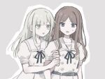  2girls arm_grab bang_dream! bang_dream!_it&#039;s_mygo!!!!! belt belt_buckle black_ribbon blue_belt blunt_bangs brown_hair buckle collarbone commentary grey_background grey_eyes grey_hair light_blush long_hair multiple_girls nagasaki_soyo neck_ribbon open_mouth outline pleated_skirt puffy_short_sleeves puffy_sleeves ribbon saifu_(saihu715) sailor_collar school_uniform serafuku shirt short_sleeves sidelocks simple_background skirt sweatdrop upper_body wakaba_mutsumi white_outline white_sailor_collar white_serafuku white_shirt white_skirt 