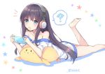  ? azur_lane bangs bare_legs barefoot blue_eyes blush brown_hair chips eyebrows_visible_through_hair food food_in_mouth hair_between_eyes handheld_game_console hands_up headphones holding holding_handheld_game_console long_island_(azur_lane) looking_at_viewer lying mouth_hold off-shoulder_shirt on_stomach potato_chips shirt short_sleeves solo spoken_question_mark standing star stuffed_animal stuffed_bird stuffed_toy takeg05 twitter_username white_background white_shirt 