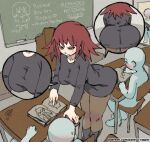  1girl 3others ass black_footwear blush book breasts chair chalk chalkboard classroom desk drawing english_text highres history_teacher_(pantsu-ripper) indoors large_breasts leaning_forward multiple_others multiple_views open_mouth original pantsu-ripper pantyhose podium red_hair school_chair school_desk sitting standing yellow_eyes 