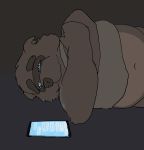 2018 anthro belly bezdomny canine male mammal phone sad simple_background slightly_chubby solo tanuki 