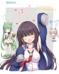  :d ^_^ ahoge akashi_(azur_lane) animal_ears arm_up ayanami_(azur_lane) azur_lane bangs black_hair black_sailor_collar blue_eyes blue_jacket blue_sailor_collar blue_skirt blush breasts brown_eyes brown_hair cat_ears chibi choker closed_eyes dress eyebrows_visible_through_hair facing_viewer green_eyes green_hair grey_background hair_between_eyes headgear headphones heart highres jacket light_brown_hair long_hair long_island_(azur_lane) long_sleeves medium_breasts multiple_girls necktie open_clothes open_jacket open_mouth pleated_skirt ponytail red_eyes red_neckwear remodel_(azur_lane) sailor_collar sailor_dress school_uniform serafuku shirt sidelocks silver_hair skirt sleeveless sleeveless_shirt sleeves_past_fingers sleeves_past_wrists smile standing takeg05 translation_request twintails twitter_username two-tone_background very_long_hair white_background white_legwear white_shirt yellow_eyes 