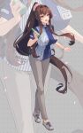  1girl alternate_costume artist_name asymmetrical_shirt blue_shirt brown_eyes brown_hair cross-laced_footwear drink full_body grey_footwear hair_intakes highres himeyamato holding holding_drink id_card kantai_collection lawson legs long_hair looking_ahead no_pants open_mouth ponytail ramune shirt short_sleeves smile solo standing thighs very_long_hair watch wristwatch yamato_(kancolle) 