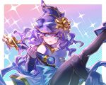  1girl black_thighhighs blue_bow blue_eyes blush bow breasts duel_monster eye_of_horus gradient_background hat highres holding holding_wand long_hair long_sleeves medium_breasts monitor_(udoshiyo) nightmare_apprentice open_mouth purple_hair solo thighhighs wand wavy_hair wizard_hat yu-gi-oh! 